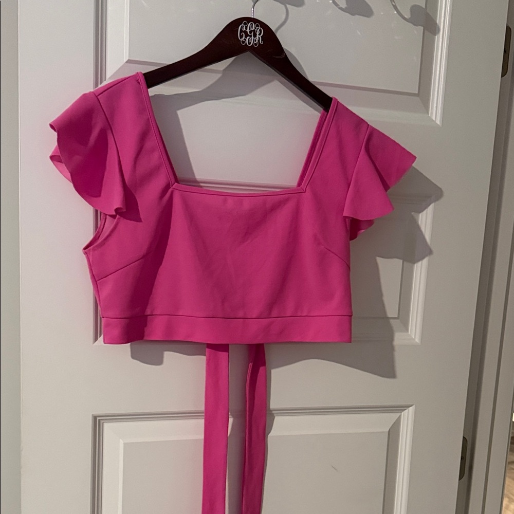 Cropped Flutter Sleeve Square-Neck Top in Hot Pink adjustable bow tie back XL